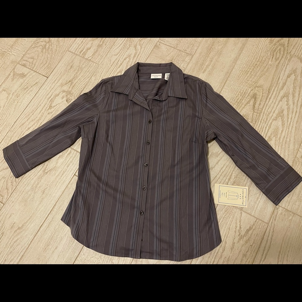 NEW Covington Women's Top Medium Petite 3/4 Sleeves Dark Brown Button Down Shirt